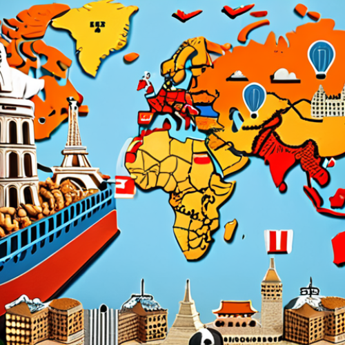 Home 4 **
Prompt: A global map overlaid with interconnected trade routes and cultural icons (Eiffel Tower, Great Wall, Christ the Redeemer). Business people from diverse backgrounds are shaking hands, while logistics icons (ships, planes, trucks) are subtly incorporated. The overall tone is dynamic and complex, symbolizing international business.
**