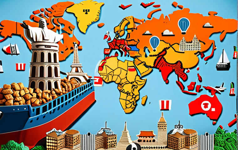 **
Prompt: A global map overlaid with interconnected trade routes and cultural icons (Eiffel Tower, Great Wall, Christ the Redeemer). Business people from diverse backgrounds are shaking hands, while logistics icons (ships, planes, trucks) are subtly incorporated. The overall tone is dynamic and complex, symbolizing international business.
**