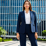 **

A professional businesswoman in a modest tailored blazer and slacks, standing confidently in front of a modern office building in São Paulo, Brazil. The background features recognizable Paulista architecture. Fully clothed, appropriate attire, safe for work, perfect anatomy, natural proportions, professional photography, high quality, family-friendly.

**
