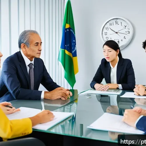 국제비즈니스매니저의 해외 취업 도전기 - A professional international business meeting scene featuring a diverse group of people from Brazil,...