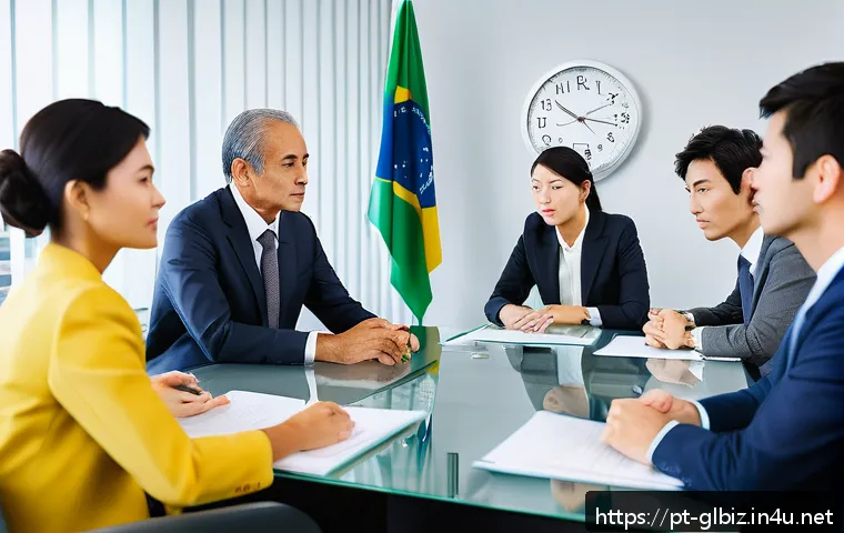 국제비즈니스매니저의 해외 취업 도전기 - A professional international business meeting scene featuring a diverse group of people from Brazil,...