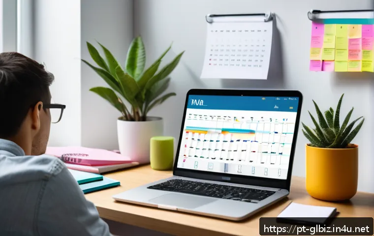 국제비즈니스 자격증 시험 꿀팁 - A focused young adult studying at a modern desk with a digital calendar app open on a laptop, surrou...