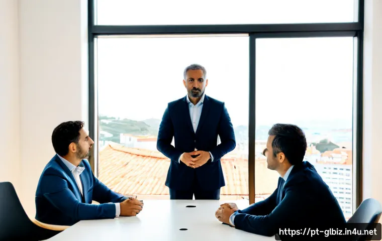 국제비즈니스매니저 필수 소프트스킬 - Photorealistic international business manager in a modern Lisbon office, calmly leading a diverse te...